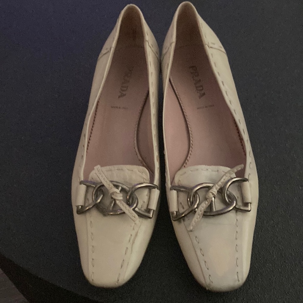 Prada Ivory Squared Pointy Toe Kitten Heel